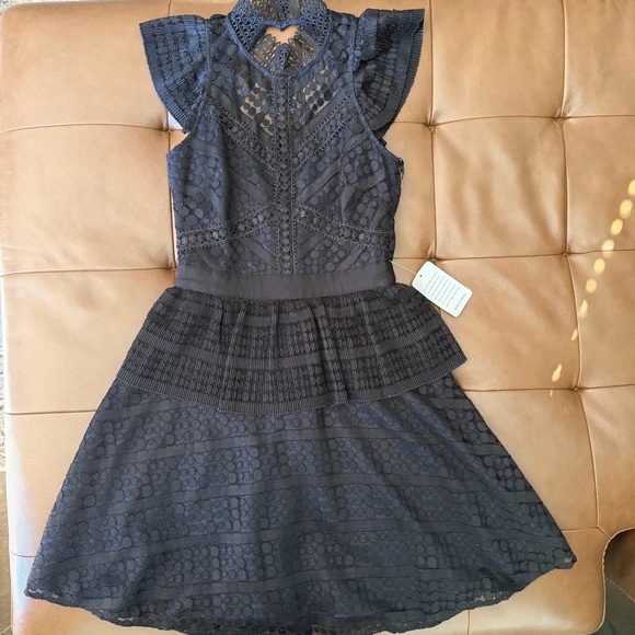 Chelsea28 Dresses & Skirts - Chelsea28 Black Lace Midi Dress with Peplum Waist